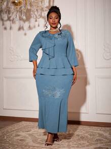 Mgiacy-Lady New Arrival Round Neck Plus Size Ball Dress Floral Hot Fix Ruffle Overlay Mgiacy-Classy Mermaid Bodycon Dress - Blue - View 5