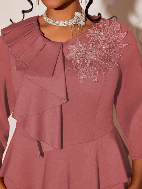 Vestido de bola de cuello redondo de talla grande Mgiacy-Lady con aplicaciones florales, volantes y superposición - Vestido ceñido de corte sirena Mgiacy-Classy