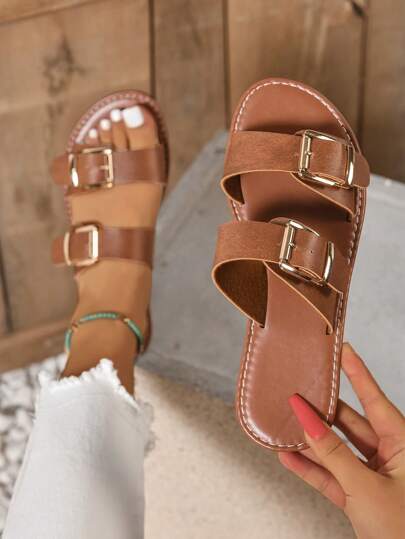 Women Plus Size Casual Solid Color Round Toe Belt Buckle Slide Sandals, Fashion & Versatile