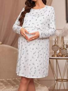 Women Loose Comfortable Ditsy Floral Round Neck Soft Elastic Long Sleeve Nightgown/Dress For Casual/Home Wear, Suitable For Pregnancy & Nursing, Spring/Summer/Autumn