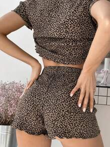 Conjunto de 2 piezas de pijama con estampado de leopardo de estilo europeo y americano, de manga corta acanalada y shorts, ropa de estar por casa de verano de estilo minimalista con cuello redondo