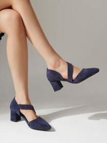 2025 New Korean Elegant Lady Mary Jane Shoes, Velvet Blue, Buckle Strap & Elastic Band Design, Fashionable Chunky Heel Ladies Pumps - Navy Blue - View 2