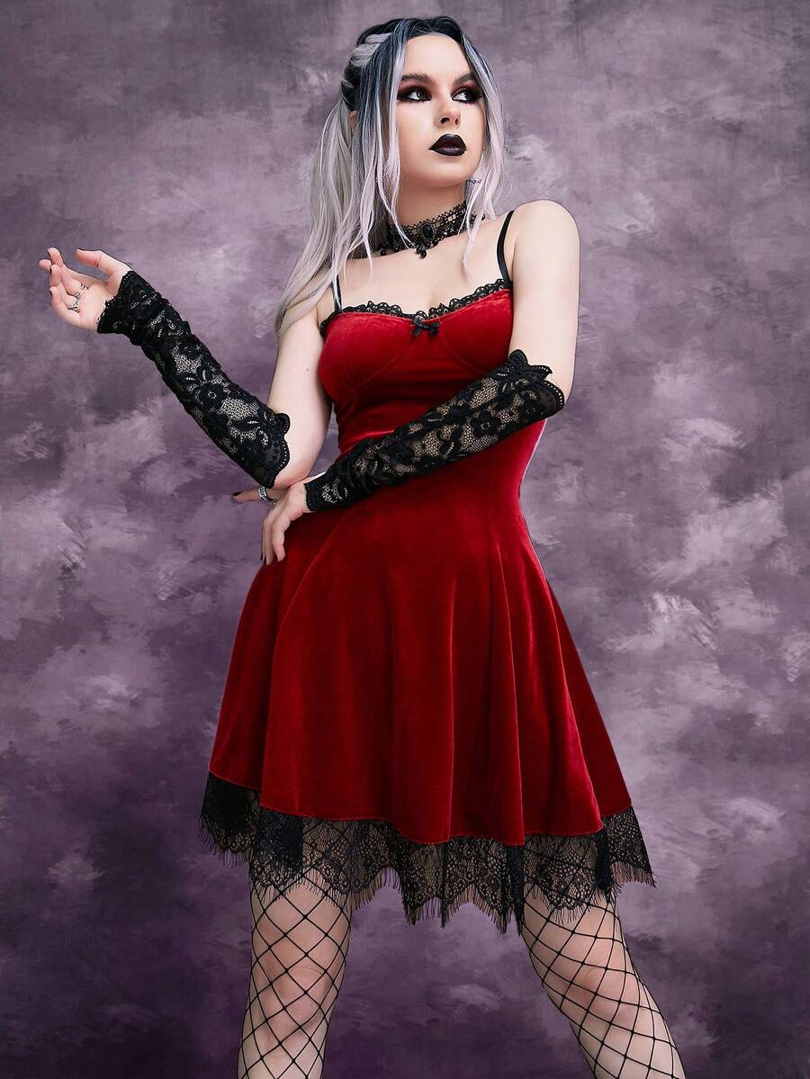 蕾丝边蝴蝶结天鹅绒吊带连衣裙 - 紅色 - 查看 1