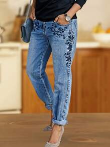 [Stretch Slim Fit] Women's Nine-Inch Tight Pants, Suitable For All Seasons, With Embroidered Floral Aging Craftsmanship, Mid-Waist Women's Jeans, Casual And Elegant Walking Pants, Unique And Tasteful Black Embroidery, Girlfriend Ankle Exposed Jeans, Stretch Jeans With Pockets And Built-In Zippers - 深色水洗藍 - 查看 2