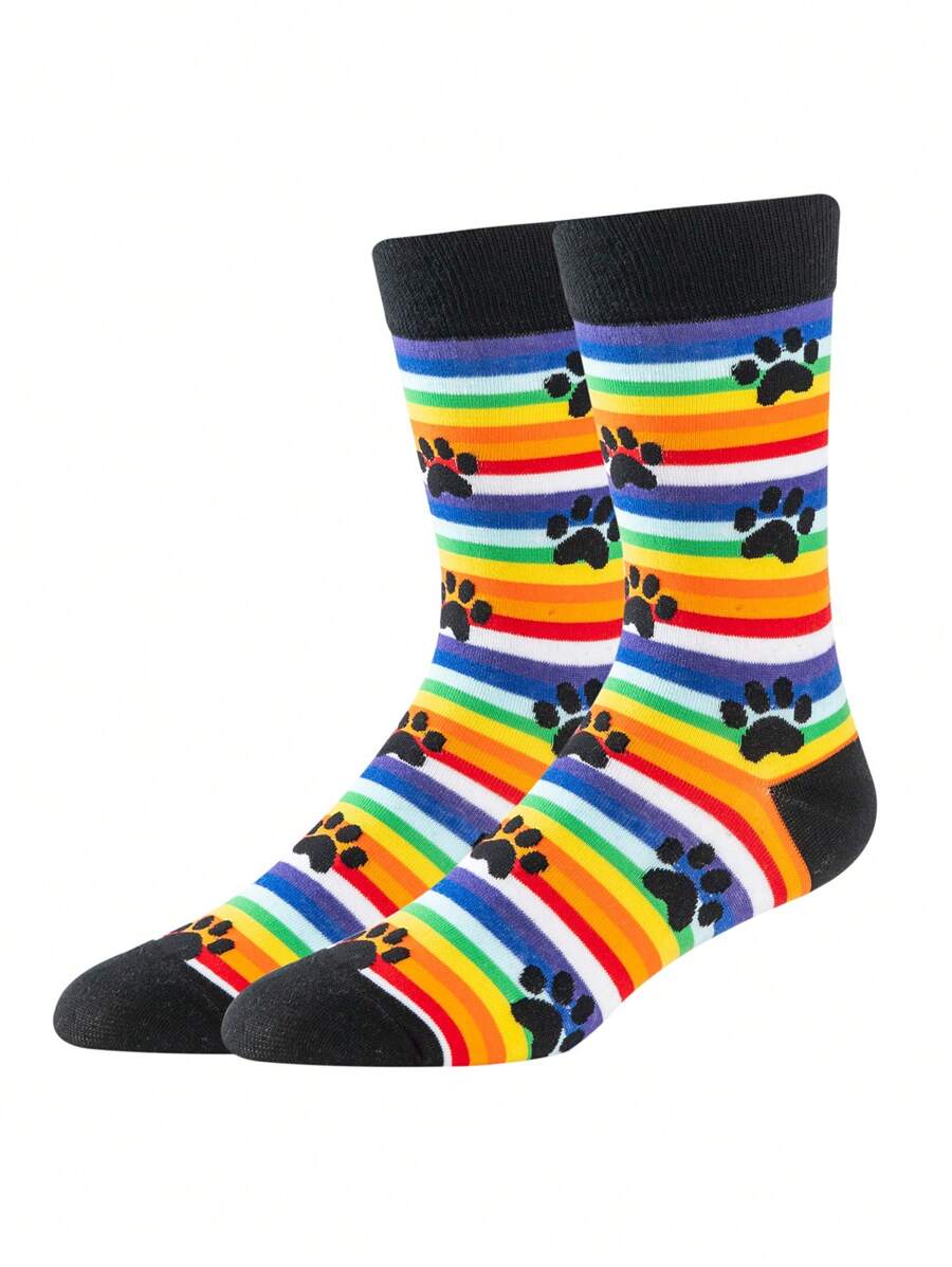 1 Pair Men's Creative Fashionable Paw Print Novelty Socks, Comfortable & Breathable Mid-Calf Socks, Funny Women's Long Socks, Sock Gifts - Multicolor - View 1