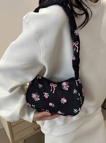 1 pieza Bolso de hombro de estilo casual y fashionable con cierre de cremallera, estampado floral en nailon negro, adecuado para uso diario de mujeres - Negro - Ver 10