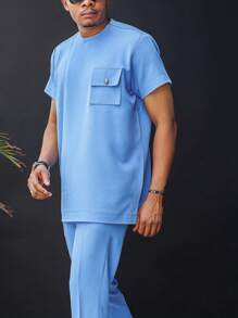2 peças/conjunto, Novo Dashiki Masculino para Primavera/Verão, Camiseta Manga Curta Sólida com Bolso Azul & Calça com Cintura Elástica, Conjunto Casual Estilo Africano, Streetwear, Festa, Encontro, Casamento, Eventos Culturais, Cerimônias Tradicionais