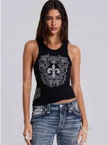 Dames ronde hals casual Y2K strass print mode tanktop