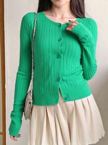 Bamboo Fashion Modal Long Sleeve Button Down Casual Simple Cardigan Women's Modatricot Blouse Coat New Arrival - màu xanh lá - Xem 2