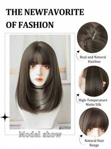 Peruca com franja, cabelo liso, 18 polegadas, marrom natural, para mulheres