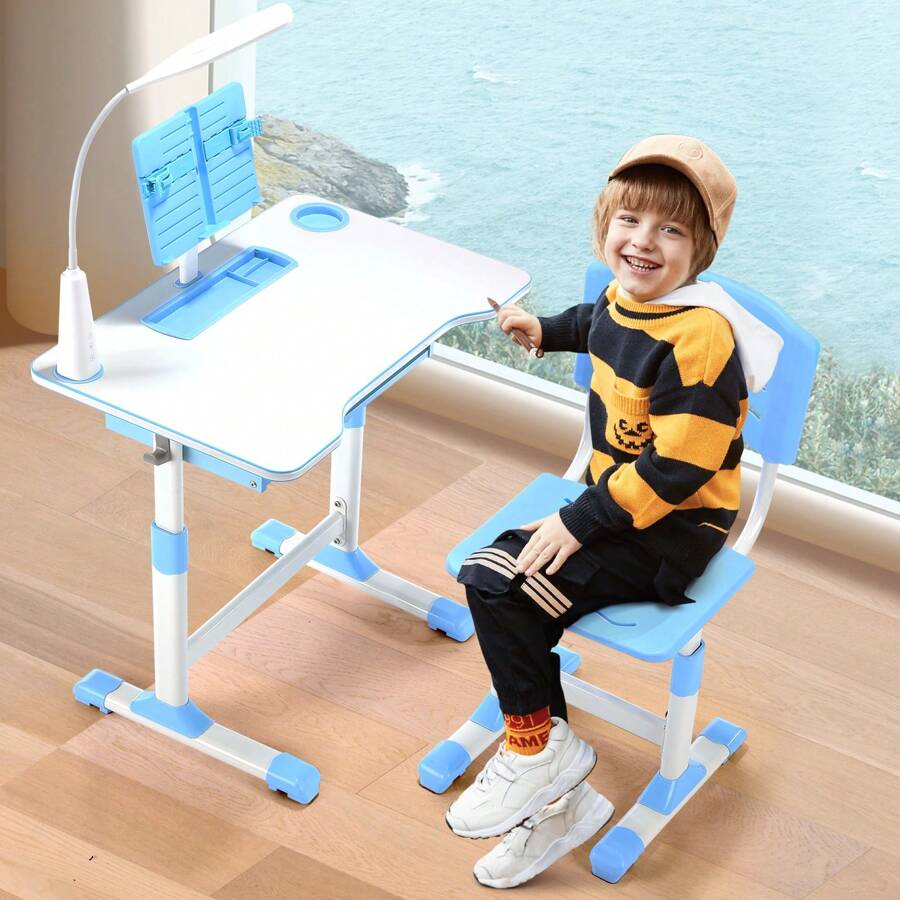 OYAJIA Adjustable Height Kids Desk & Chair Set: Comprehensive Study Table With Drawer, Book Stand, Pen Slot, And Reading Lamp – Ideal Gift Set For Boys And Girls - Blue - View 1