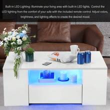 OYAJIA Small 2-Tier Wooden Coffee Table With Storage Shelf, 16-Color LED Lights, Super Stability, High Gloss White, 5 Open Shelves & 2 Drawers, Modern Rectangle Design - White - View 5