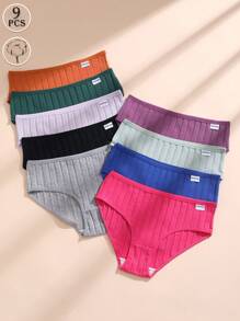 9条装女士纯棉内裤，性感低腰纯色三角裤，罗纹舒适透气运动内裤 - 彩色 - 查看 2