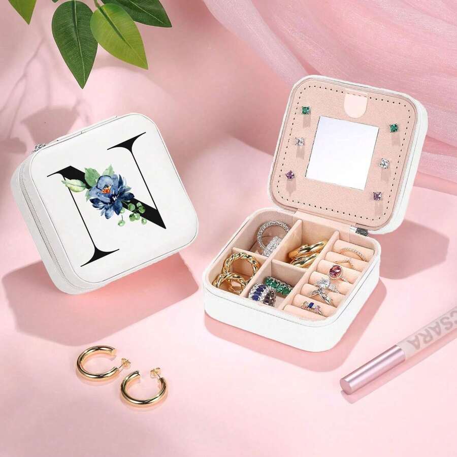 初始个性化迷你旅行珠宝收纳盒 - 便携式珠宝收纳盒，设计紧凑，内部采用柔软的天鹅绒，封闭牢固 - 非常适合外出女性，多个卡槽，日常使用设计，时尚配件，方便整理、旅行和存放小配件珠宝盒收纳袋