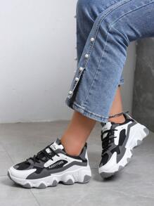 女士黑色新款花卉图案系带运动鞋，圆头低帮厚底防滑休闲鞋，时尚透气厚底运动鞋，学生鞋 - 彩色 - 查看 2