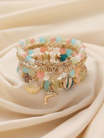 4 件套波西米亚海洋风格海豚、贝壳和海星串珠多层手链适合女性日常、度假、约会、可爱配饰，多色混合