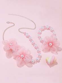 2pcs/Set Handmade Pink Chiffon Flower Pearl Beaded Bracelet & Necklace Set, Suitable For Daily Wear, Kid's Jewelry