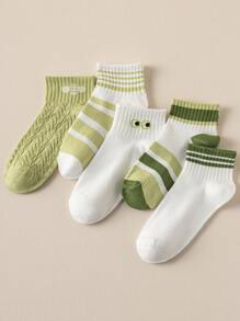 Fresh Green & White Stripe, Eye & Bee Pattern Comfortable Breathable Sweat-Absorbent Casual, Campus, Sports Socks For Women, Spring/Summer