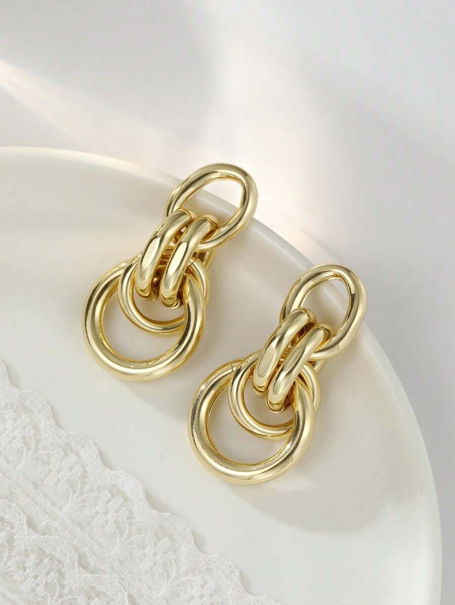 1 Pair Fashionable Geometric Hoop Earrings, Copper Material Gold Color - Style 2 - View 1