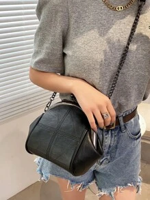 1 件复古黑色 PU 皮革手拿包，贝壳形不对称斜挎包，休闲百搭学生单肩包，适合上学/工作 - 黑色 - 查看 3