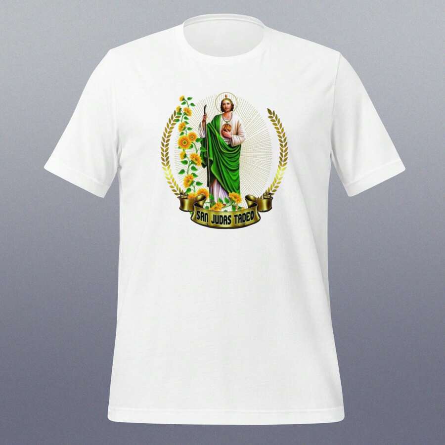 Playera de Apóstol Tadeo " Judas Tadeo 3 ".  Playera Blanca Sublimada. Manga Corta. Cuello Redondo. - Blanco - Ver 1