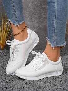 أحذية كاجوال بيضاء من الجلد للصيف مع بطانة ناعمة مانعة للانزلاق، أحذية رياضية خفيفة الوزن - أبيض - مشاهدة 1