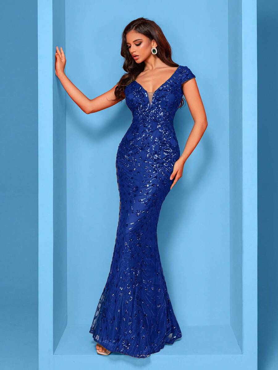 BluePlum Đầm dài tay ngắn cổ chữ V đính sequin co giãn chất lượng cao, thiết kế đuôi cá, màu trơn thanh lịch và sang trọng dành cho nữ, giúp phái nữ trẻ trung và quyến rũ hơn, phù hợp cho nhiều bữa tiệc, lễ tốt nghiệp, đám cưới, sự kiện và các buổi tiệc khiêu vũ, đầm dạ hội trang trọng dành cho nữ (phiên bản cao cấp), đầm dự tiệc cưới, đầm dự tiệc tối mùa xuân.