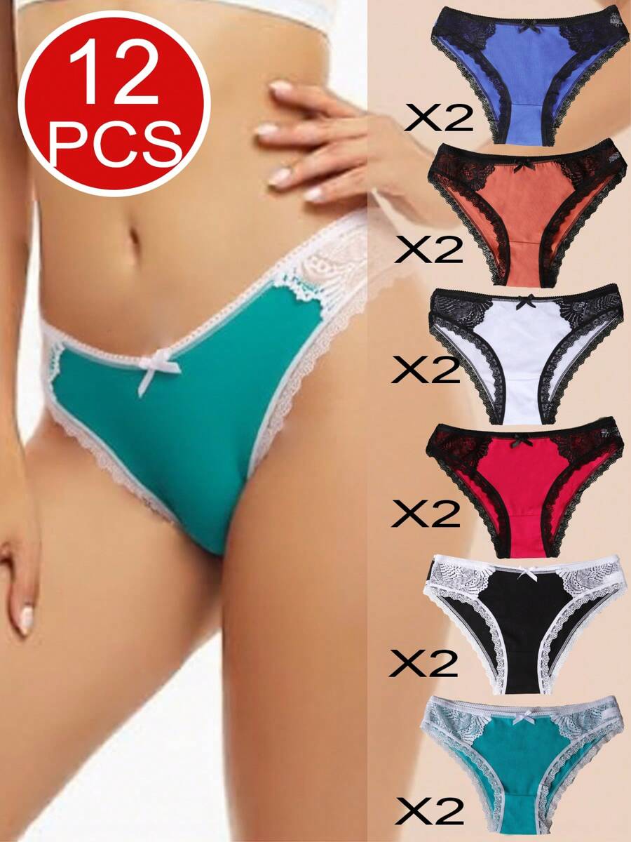12 Or 6 Pieces Of Multi-Color Combination Set With Bow Decoration Cotton Women's Underwear, Skin Friendly, Soft, Comfortable, Breathable, High Waisted, Elastic, Suitable For Daily Wear In All Seasons - 混色12件裝 - 查看 1