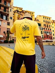 2025 Summer New Arrival Men's Coconut Tree & Letter Print Round Neck Short Sleeve T-Shirt, Casual Vacation Wear