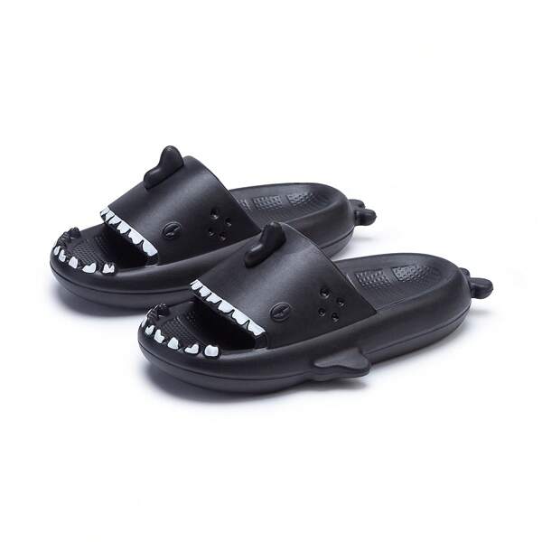 Sandalias tipo chanclas de mujer con diseño de tiburón - de secado rápido, punta abierta, pantuflas únicas con suelas gruesas acolchadas, material de EVA antideslizante, adecuadas para la playa, la piscina y uso en interiores - diseño negro de moda, calzado de playa