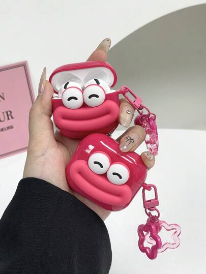1 件可爱大眼、嘴巴设计粉色耳机保护盒 + 花钩挂绳带兼容 Apple S1/S2、Pro 2/3、4