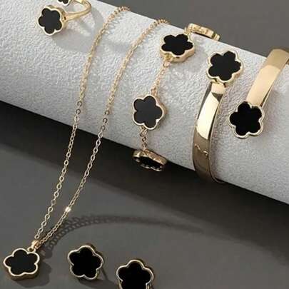 Set de 6 piezas: Collar, Pulsera, Aretes, Anillo, Collar con flor de la suerte, Aretes dorados, Anillo dorado, Collar dorado, Pulsera dorada, Brazalete dorado, Conjunto de joyería para niña, Adecuado para volver a la escuela, fiestas, vacaciones