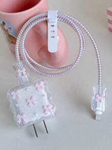 5pcs Light Pink Bow & White Pearl Design Charger Protector Set, 20W/18W Charger, Cable Protector, Charging Head Cover, Compatible With Apple Charger - Pink Butterfly - View 5