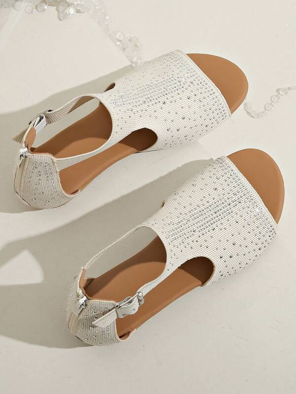 Sandalias planas de mujer, con cierre de cremallera y correa de tobillo, sandalias de moda de verano casual, con decoración de diamantes de imitación, punta redonda y abierta, tipo slip-on