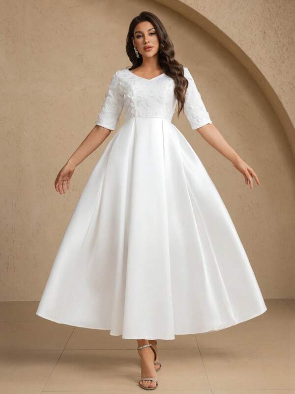V-Neck Floral Appliques Fold Pleated Formal Evening Dress, Party Dress, Wedding Guest Dress,Gown