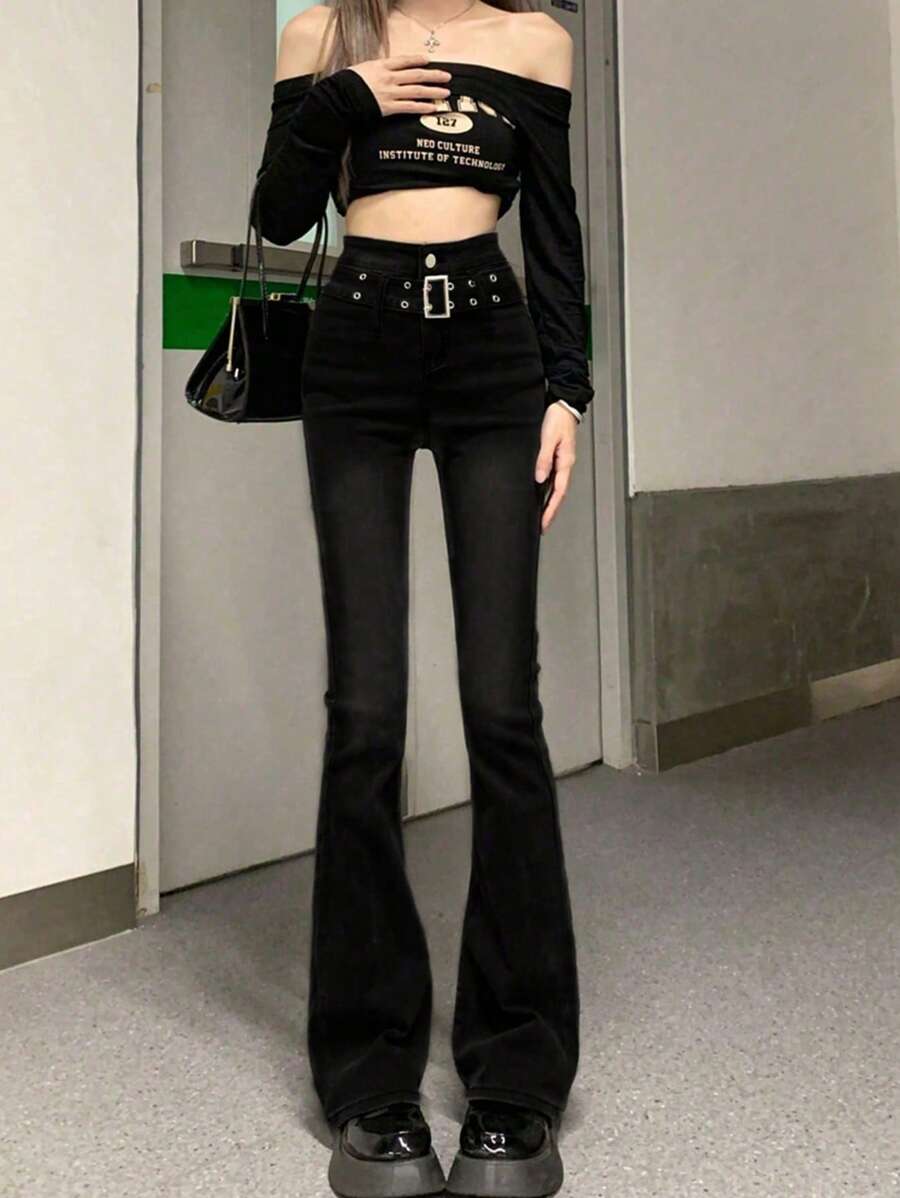 Celana Jeans Denim Wanita dengan Hiasan Lubang Kancing dan Gesper, Model Kaki Melebar, Gaya Kasual & Serbaguna, Cocok untuk Musim Semi dan Gugur. - Hitam - View 1