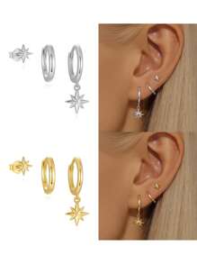 Set de 1/3 piezas de pendientes mini elegantes y de moda, pendientes de clip decorados con zirconia en forma de estrella, adecuados para festivales, vacaciones, fiestas, citas, regalos y uso diario - Multicolor - Ver 3