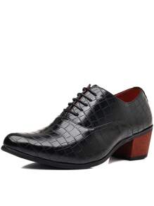 Fashionable Versatile Plaid Men's Pointed Toe Lace-Up Black Leather Shoes - Black - View 2