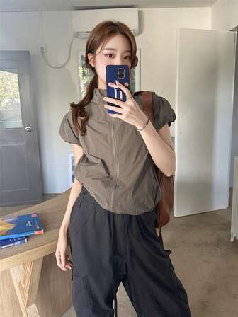 Jachetă cu mânecă scurtă pentru femei, pentru toamnă/iarnă, nouă la modă, culoare solidă, guler mandarin unic, mâneci bufante, mânecă scurtă ușoară și lejeră, potrivită pentru călătorii în aer liber, drumeții, naveta zilnică, stil versatil