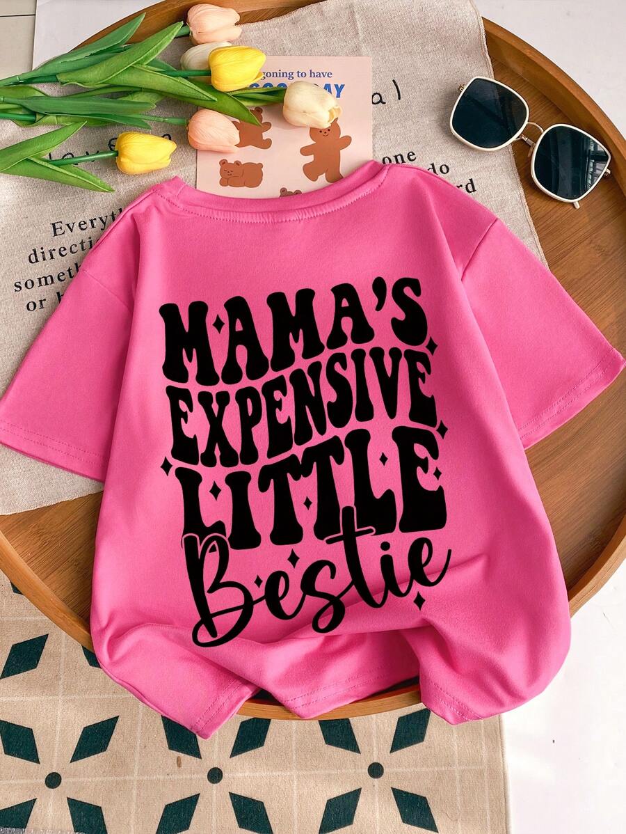 Girls Smiling Slogan Print Round Neck Short Sleeve T-Shirt, Casual Tee For Spring & Summer - Hot Pink - View 1