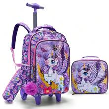 BLING BABIES Zestaw 3 plecaków na kółkach dla dziewcząt, fioletowy, uroczy, kreskówkowy, z księżycem i jednorożcem, z cekinami, torba na książki dla uczniów szkół podstawowych, torba szkolna na kółkach z lunchboxem i piórnikiem.