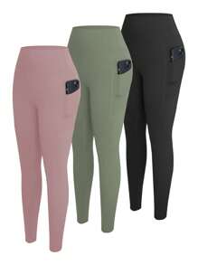 3 Pcs Women Plus Size High Waist Yoga Pants With Pockets, Slimming Shaping Leggings For Workout, Fashion Tight Pants