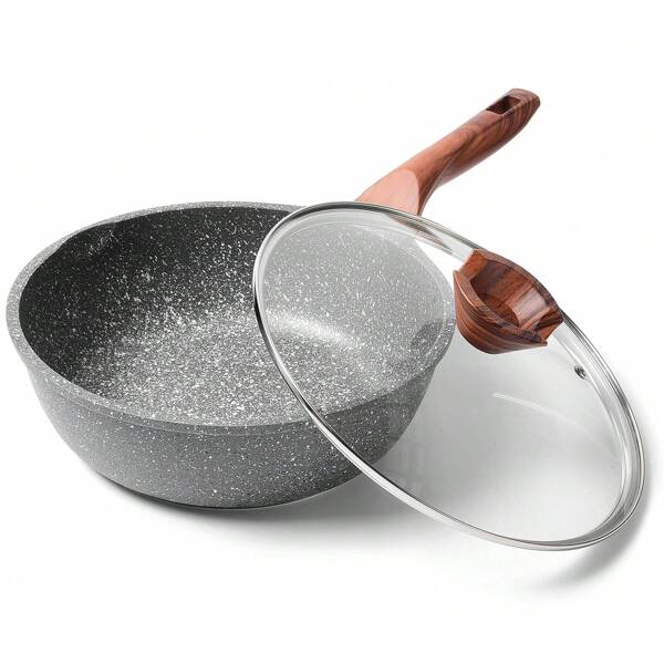 RIOVARM Poêle profonde RIOVARM 24 cm, poêle à bord haut, poêle antiadhésive à induction avec couvercle, poêles à revêtement granit et poêles universelles sans PFOA, adaptées à tous les feux