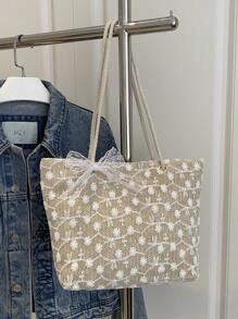 Large Capacity Rattan Lace Woven Vacation Beach Bag, Women 2025 New Fashion Shoulder/Underarm/Casual Handbag - Khaki - View 11