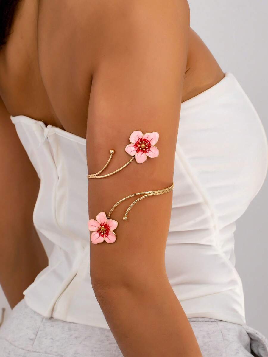 1 pieza Brazalete metálico con flores multicolor en estilo punk exagerado, brazalete de esmalte floral colorido y refrescante, adecuado para uso diario de mujeres, vacaciones, Día de la Madre, actividades sociales, vacaciones en la playa