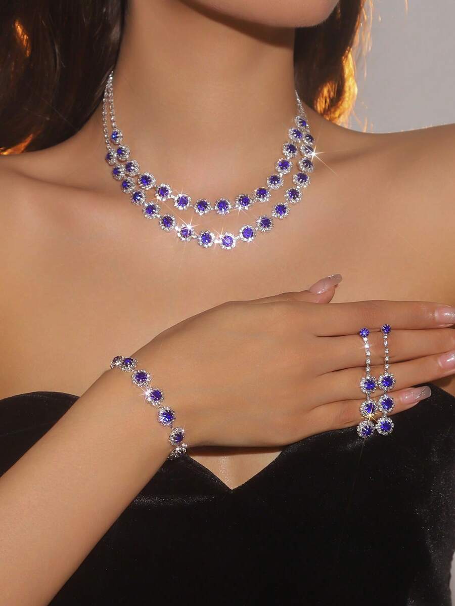 3 件套水钻花卉装饰首饰套装 - 适合女性日常穿着、婚礼、派对等。 - 銀藍色 - 查看 1