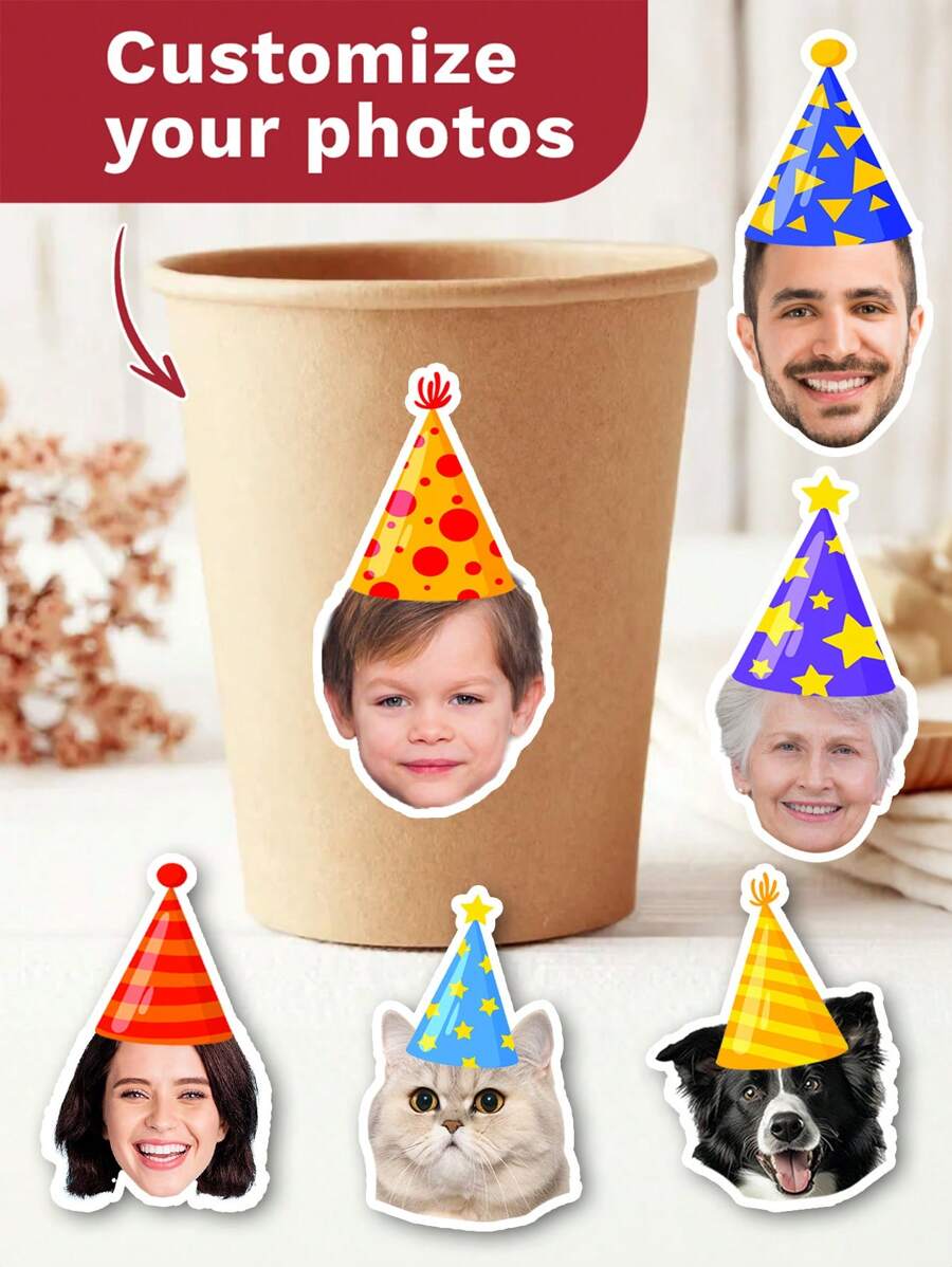 12/24/56pcs Custom Personalized Birthday Hat Photo Stickers, Personalized Stickers, Facial Stickers, Custom Logo Stickers, Birthday Party Photo Stickers, Party Sponsorship, Water Bottles, Laptop Stickers, Multi-Purpose Party Stickers, Back To School Self-Adhesive Stickers - Multicolor - View 1