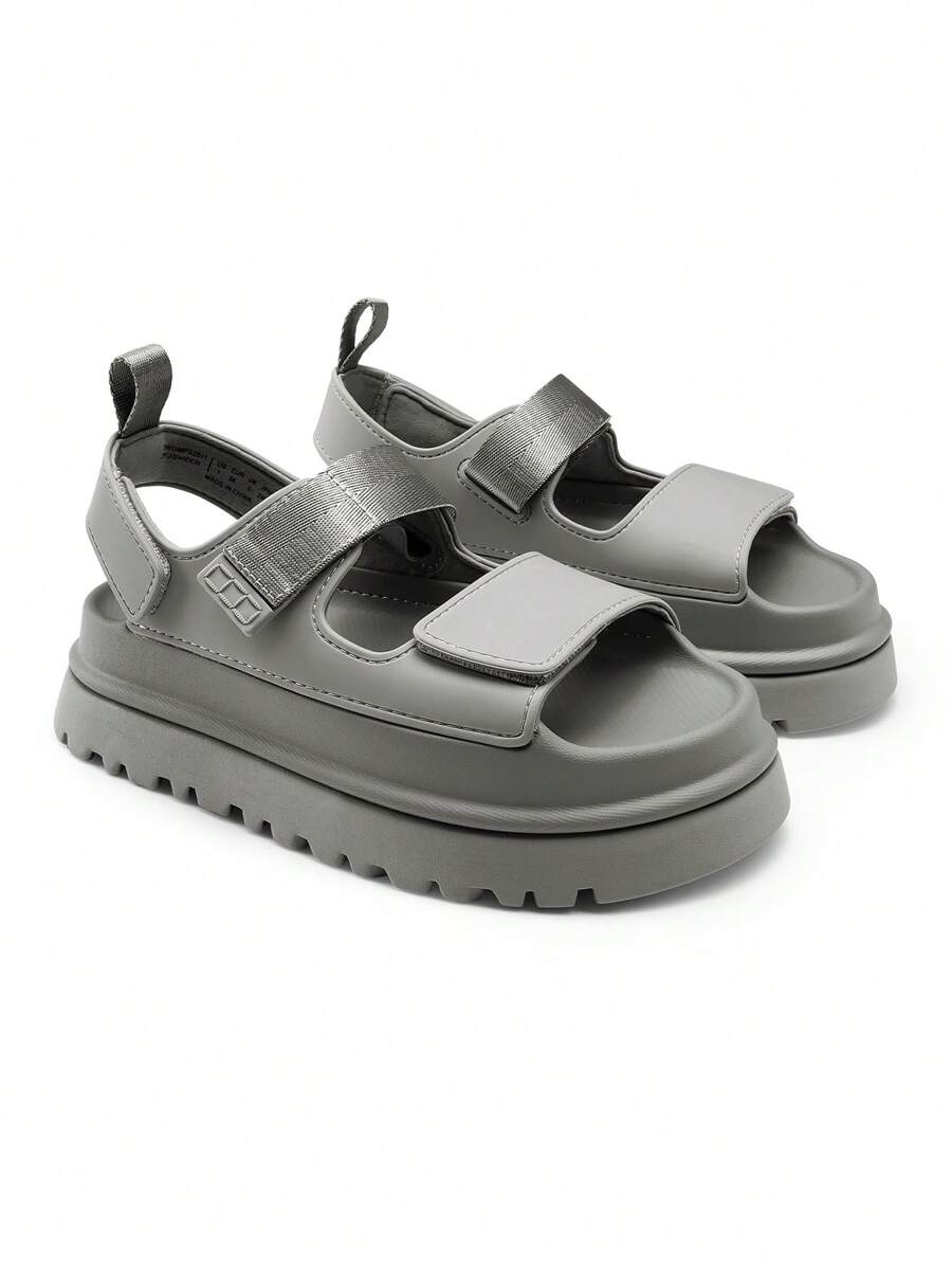 Women Platform Wedges Sandals Chunky Open Toe Comfortable Walking Casual Fashion Flat Sandals With Adjustable Hook Loop Straps Outdoor Shoes - 灰色 - 查看 1