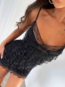 Elegant Lace Patchwork Tiered Design Mini Slip Dress, Suitable For Party, Dating, Spring/Summer