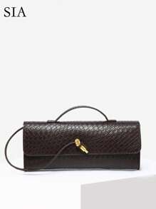 SIA 女士复古简约仿编织毛毡翻盖锁长款手提包手提包，大容量手拿包适合派对、活动、日常装扮 - 紫紅色 - 查看 1